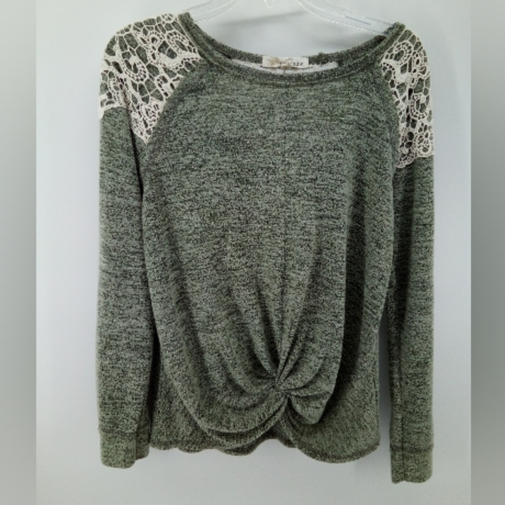 Boho Crochet Knit Lace Gathered LS Green Feminine Top Rewind Spandex Blend M